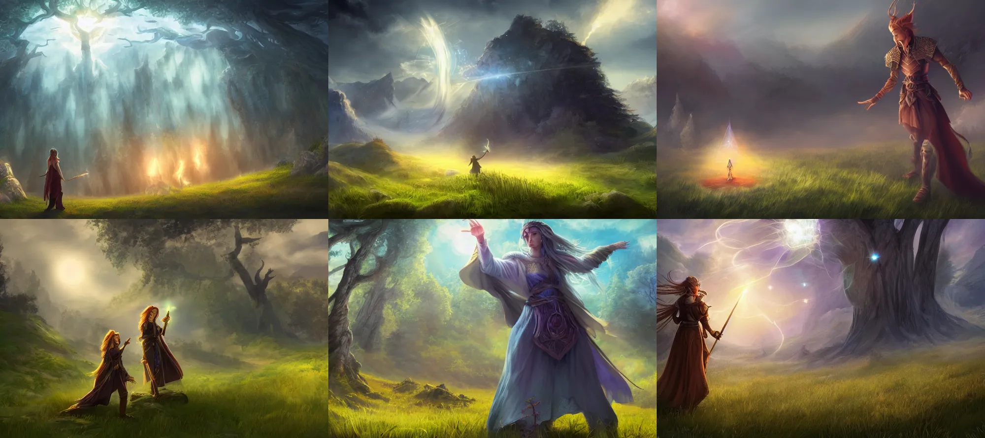 Prompt: epic magic, a mage channeling arcane magicks on a clear sunny day, mystical energy above an open meadow, d & d fantasy digital painting, hd, 4 k, 8 k