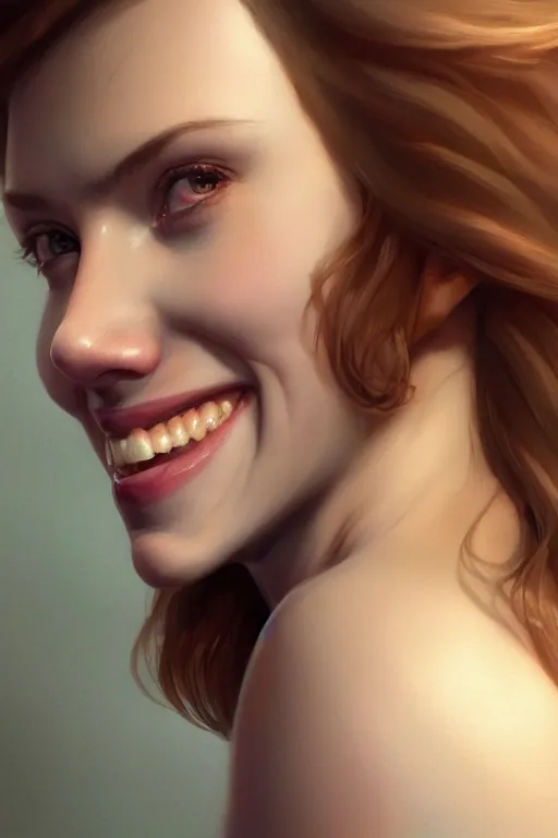 Image similar to Scarlett Johansson smiling anatomy, only two hands, highly detailed, digital painting, artstation, concept art, smooth, sharp focus, illustration, Unreal Engine 5, 8K, art by art by artgerm and greg rutkowski and edgar maxence