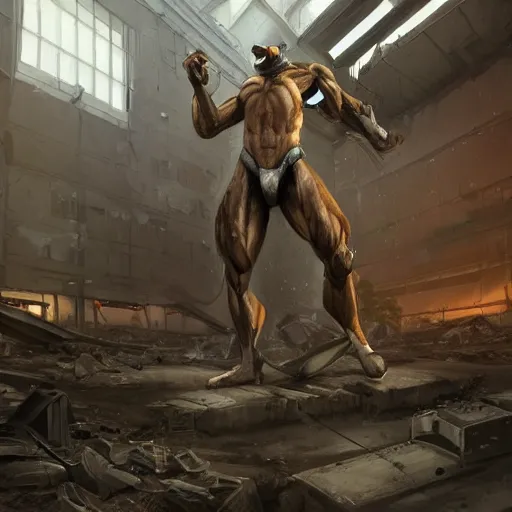 Image similar to a hyper - muscular anthro horse wearing a tactical bodysuit standing in the ruins of a facility, equine, hulking body, dynamic pose, highly detailed, digital painting, artstation, concept art, illustration by artgerm, greg rutkowski, makoto shinkai