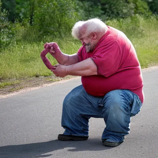 Prompt: a tough badass old fat trucker is twisting a piglet that is between his legs, in front of his truck.