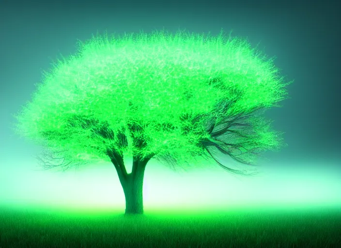 Prompt: photo of glowing ygrdasil tree on a foggy grass field. very detailed, 8k, fantasy cyberpunk horror