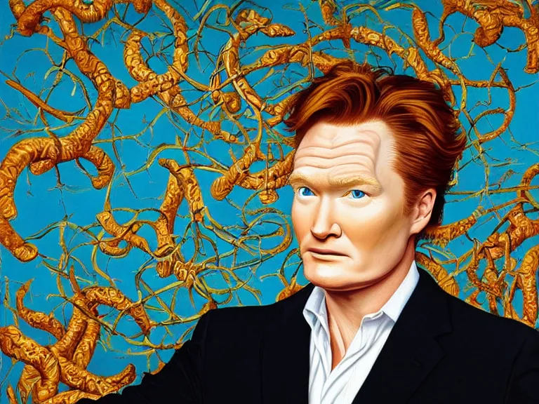 Prompt: close - up portrait of conan o'brien, painting by kehinde wiley, high detail, high resolution