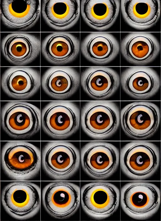 Prompt: macro human eyes!, black centered dot pupil, circle iris, happy smiling human eyes, round iris, eyelashes, tired half closed, advanced art, art styles mix, from wikipedia, eye relections, hd macro photograph, montage of grid shapes