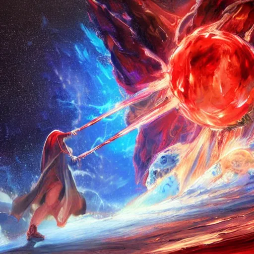 Image similar to Highly detailed oil painting, concept art, of a wizard casting a fireball spell, fighting against a huge ice giant, red and blue color scheme, concept art, highly detailed.