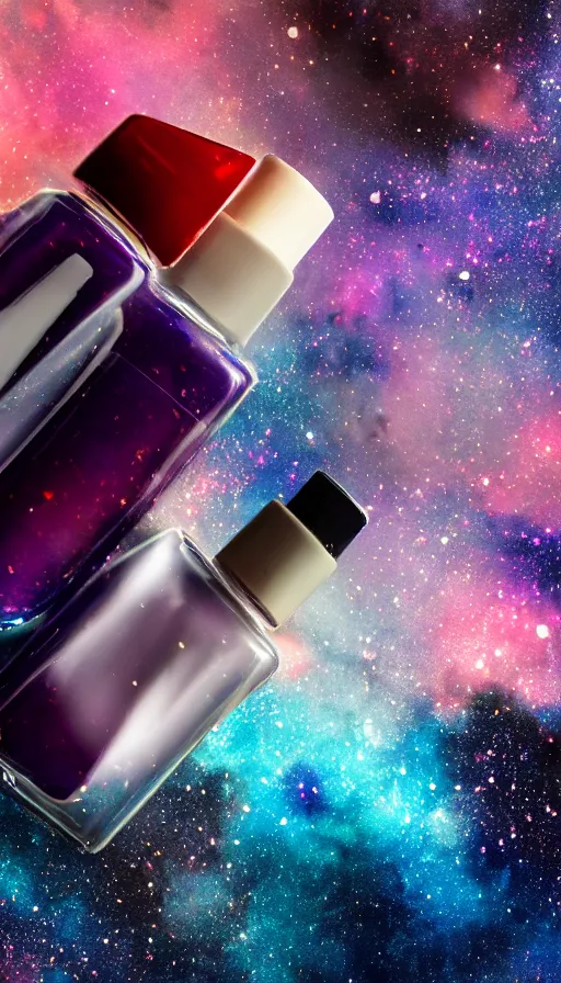 Prompt: a beautiful bottle of nail polish filled with small galaxy's and nebulas, insane, intricate, highly detailed, Zeiss Lens, smooth, sharp focus, Unreal Engine 5, Octane Render, Redshift, 8K