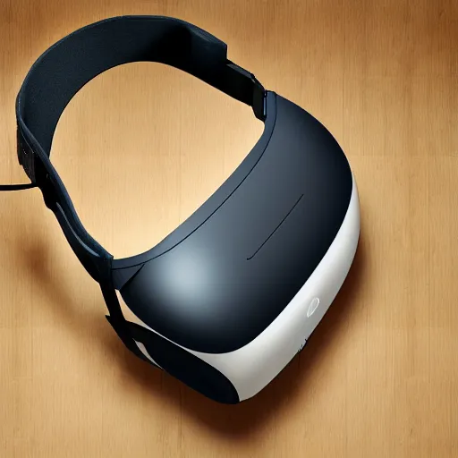 Image similar to a small VR headset, from 2025, on a table, studio photography, digital art