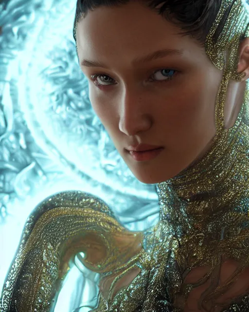 Image similar to a highly detailed metahuman 8 k close up render of bella hadid as alex grey art renaissance in iris van herpen dress in style of gustav klimt trending on artstation made in unreal engine 4