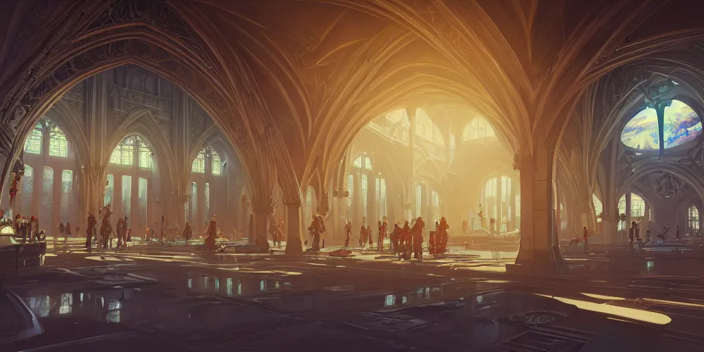 Image similar to cel shaded cinematic shot of the interior of a sci-fi space station with ornate architecture bustling with people and flying cars, epic castle, gothic architecture, emerald, crystalline, detailed illustration, sharp focus, concept art, unreal engine, octane render, god rays