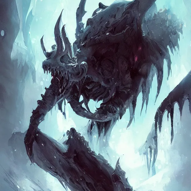 Prompt: a painting of an ice demon by greg rutkowski, dark fantasy art, high detail, trending on artstation
