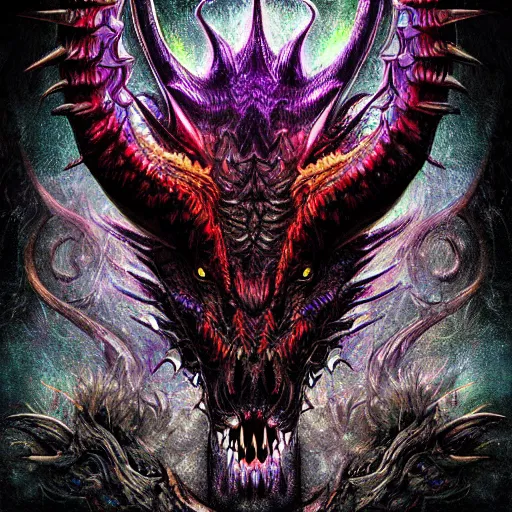 Prompt: a portrait of a dark entropy dragon, detailed, fantasy, scary, realistic, frightening, ornate, horns, spikes, fluorescent colors