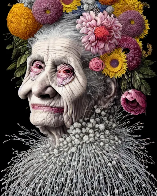 Image similar to a portrait of a fleshy old woman covered in flowers in the style of guiseppe arcimboldo and james jean, covered in wispy gray hair with a hint of neon, hd 3 d, highly detailed and intricate. centred in image.