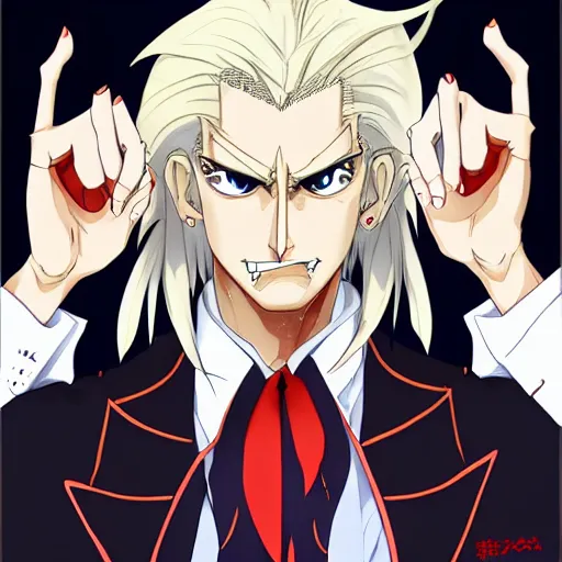 Prompt: portrait of alucard as a politician, anime fantasy illustration by tomoyuki yamasaki, kyoto studio, madhouse, ufotable, trending on artstation