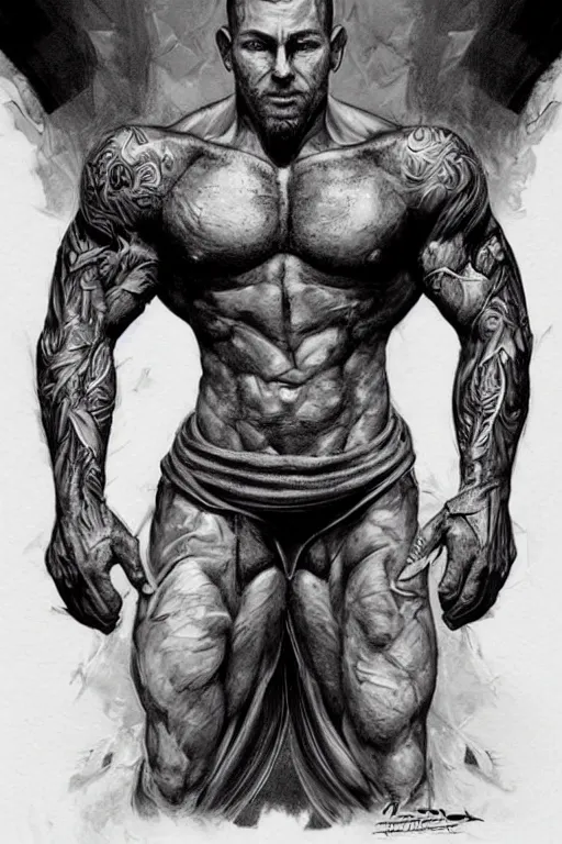 Image similar to Portrait of frontal standing pose torso of a very attractive muscular man heavily all his skin is covered by BIKER tattoos, surrounded by magic lightings overlays, Intricate, concept art, magic lighting overlays, magical portal opened, D&D!, fantasy style, sharp focus!, ultra detailed, art by Artgerm and Peter Andrew Jones, WLUP, Magali Villeneuve