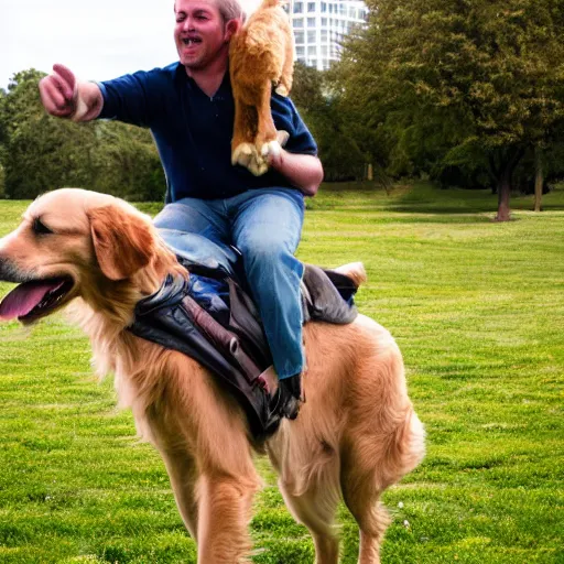 Image similar to human riding giant golden retriever in the park, trending on attestation