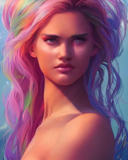 Image similar to summer vibes, beautiful sun tanned goddess portrait, flowy rainbow hair, sun, summer, cinematic lighting, highly detailed, digital painting, trending on artstation, pixiv, concept art, sharp focus, illustration, art by ross tran and wlop