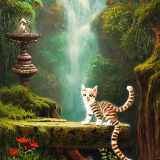 Image similar to painting of one kitten in the enchanted forest standing on the steps and watching the waterfall, fantasy, intricate, extremely detailed, face enhance, matte, featured in artstation, art by louis wain, greg rutkowski