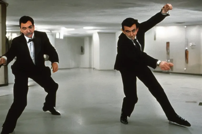 Image similar to mr bean from 1 9 9 0 s as james bond in an action scene fighting a villain, professional photography, 8 k, cinematic