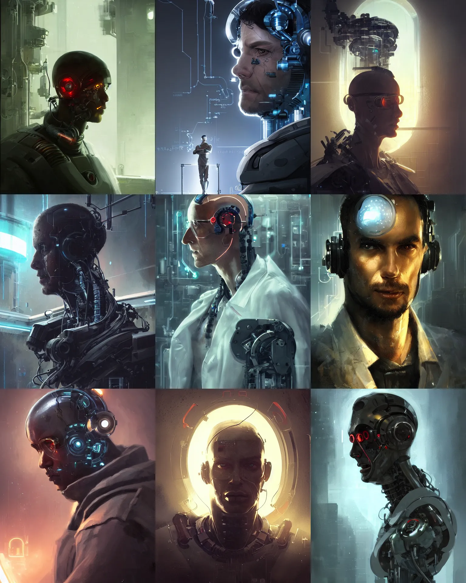 Prompt: a laboratory operator man with cybernetic enhancements seen from a distance, scifi character portrait by greg rutkowski, craig mullins, 1 / 4 headshot, cinematic lighting, dystopian scifi outfit, profile picture, mechanical, cyborg, half robot