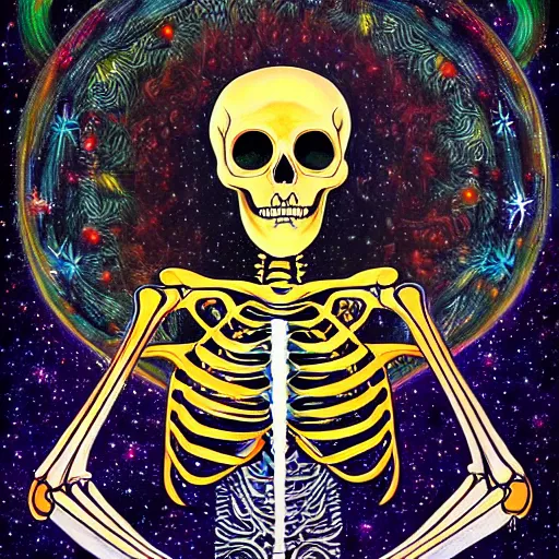 Prompt: a painting of elegant skeleton astronaut meditating by flooko, alex grey, forest, vibrant, detailed, ethereal, glows,