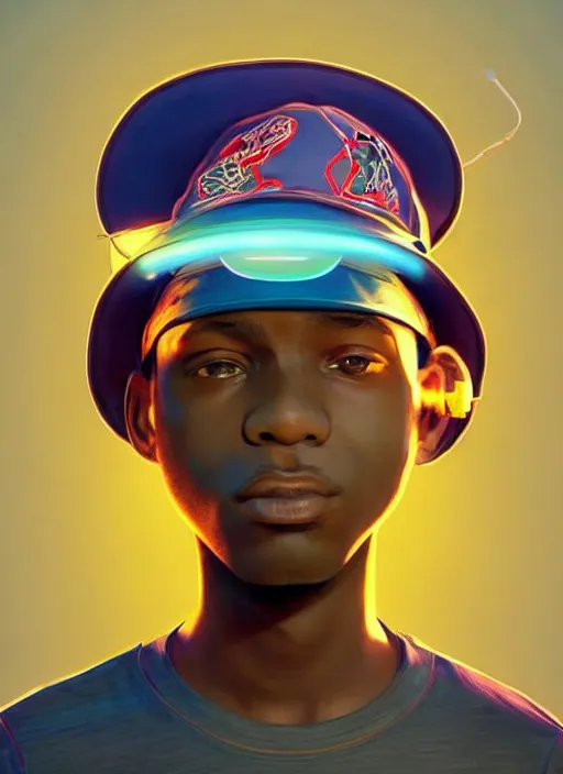 Prompt: vfx art - portrait of a nigerian boy wearing a baseball cap with wires and computer chips dangling from inside, art style by james jean, character concept art, digital illustration, colourful, sharp, intricate detail, volumetric light, ray tracing, symmetric, unreal engine render, behance, artstation, pinterest,