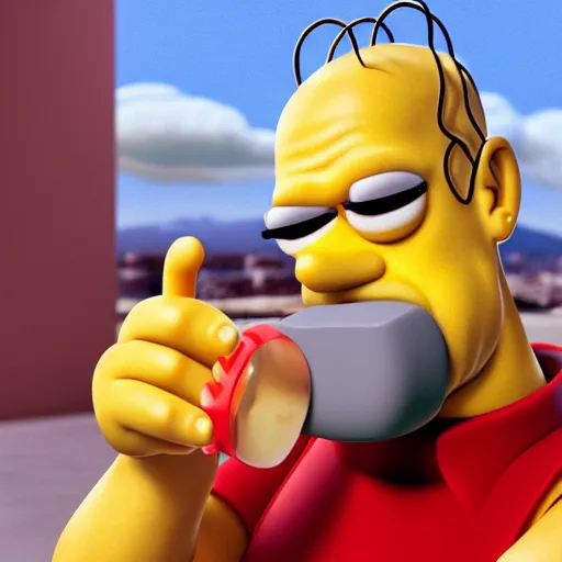 Prompt: homer simpson hyperrealistic sucking his thumb. 3 d render, artgerm, trending on artstation.