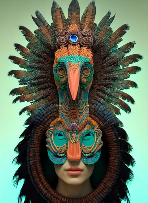 Image similar to 3 d goddess profile portrait. beautiful intricate highly detailed quetzalcoatl mask and feathers. ahuizotl, atotolin, bioluminescent, plasma, lava, ice, water, wind, creature, jungle, artwork by tooth wu and wlop and beeple and greg rutkowski, 8 k trending on artstation,