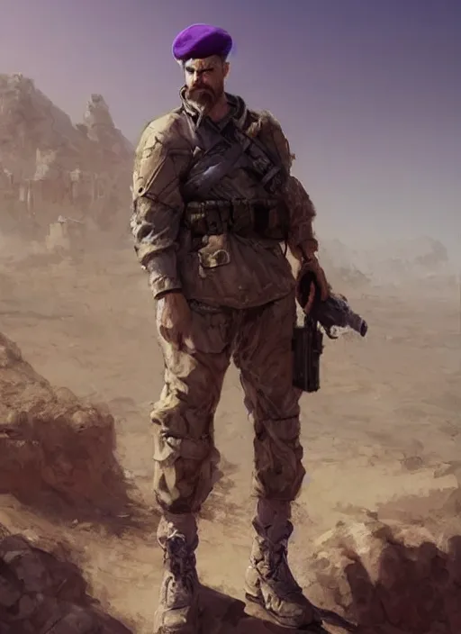 Image similar to purple scene lighting, detailed character portrait concept art, white male, strong muscular mature, soldier with beard, short hair, in a soldier uniform, desert with city in the background, sharp focus, illustration, highly detailed, digital painting, concept art, matte, art by wlop and artgerm and greg rutkowski, masterpiece