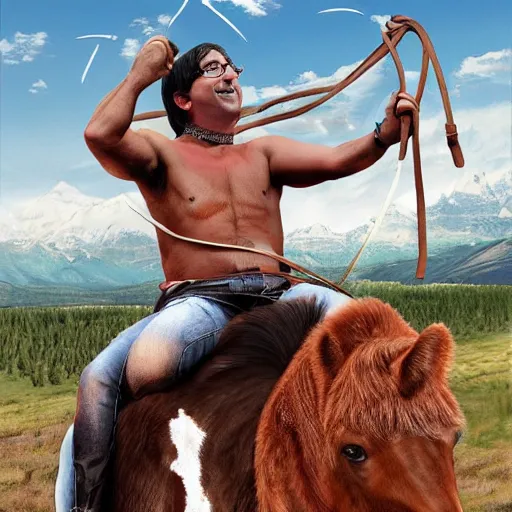 Prompt: john Oliver rides topless on a brown horse, he has the head of a bear tied to the horses saddlebag, he looks proud, 64mp photography, hyper realistic, hyper detailed