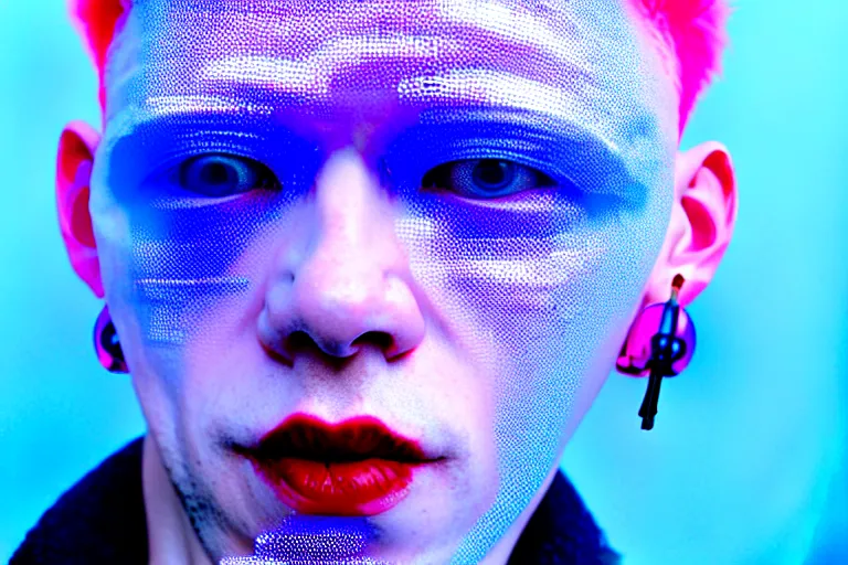 Image similar to a close - up risograph of cyberpunk albinism model men wearing lots of transparent and cellophane accessories, huge earrings and queer make up, blue hour, twilight, cool, portrait, crispy, full - shot, blue sky, kodachrome, photo by mayumi hosokura, style by moebius