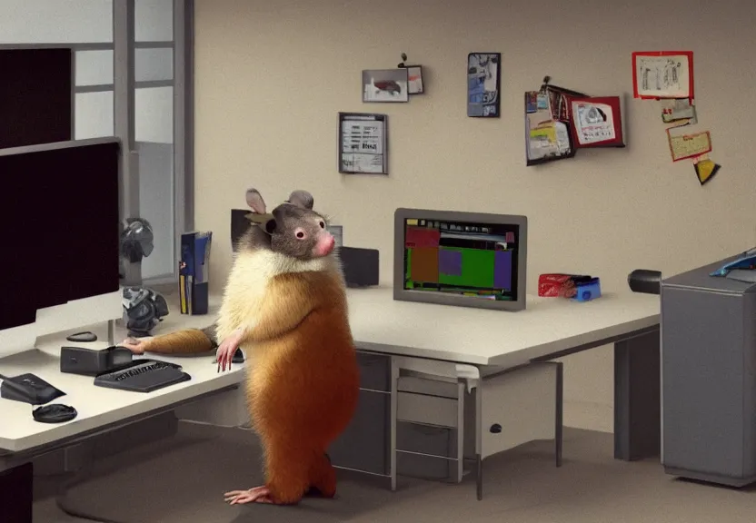 Image similar to possum dressed as an office worker, working on a desktop computer, in a 1980s office, highly detailed, 4k, trending on Artstation, award-winning