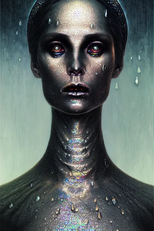 Prompt: pearlescent black lilith! the mother of all demons, eye in mouth, covered in iridescent glitter!!, raining ash, fine art masterpiece, highly detailed dino valls wayne barlowe machiej kuciara, dramatic lighting, long shot, side angle, uhd 8 k, sharp focus