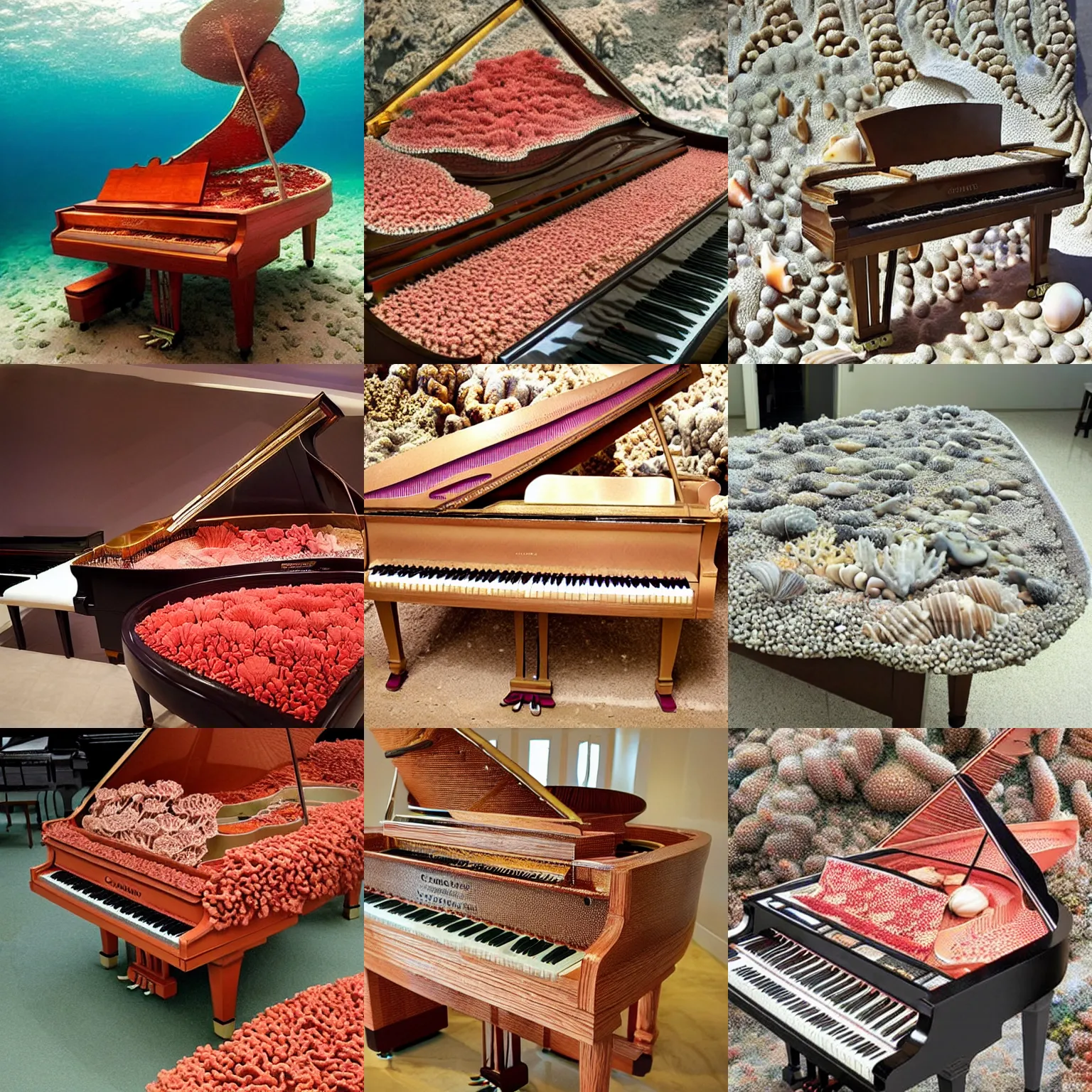 Prompt: a grand piano made out of corals and shells