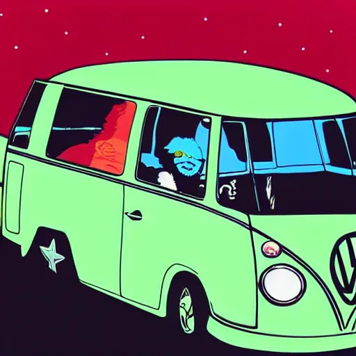 Prompt: illustration of jerry garcia driving a volkswagon bus and waving