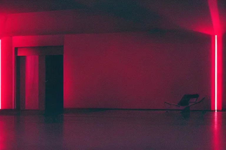 Prompt: a dark conference hall, half full, atmospheric and obscure, red neon light, by roger deakins, cinematography, syd mead