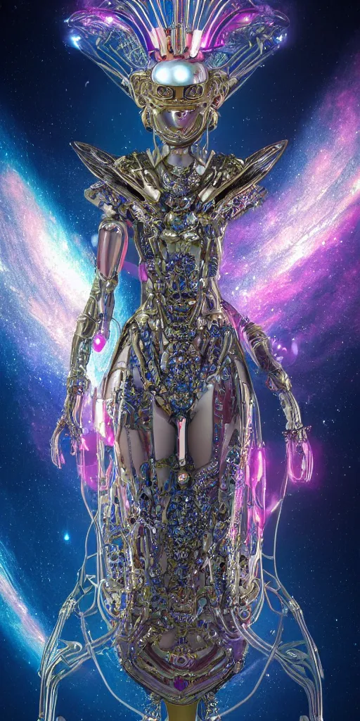 Prompt: a incredible elegant hollow bionic art nouveau alien galaxy japanese pearl queen superhero, galaxy with ornate jewelled, sci - fi, high - tech, the met museum, streamlined, futuristic, spot lighting, led, photorealistic, high detailed, concept art, exquisite aristocratic, industrial factory by leonardo da vinci rendered in octane 8 k