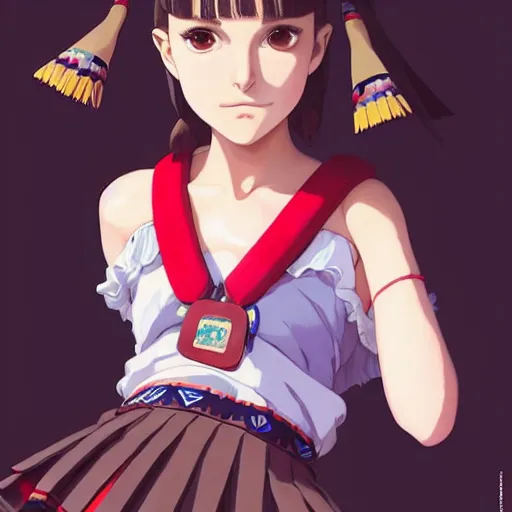 Image similar to a beautiful! boyish! natalie portman alluring gravure! model, wearing japanese school girl outfit with mayan pattern and native style, aztec street fashion, gapmoe yandere grimdark, trending on pixiv fanbox, painted by greg rutkowski makoto shinkai takashi takeuchi studio ghibli, akihiko yoshida