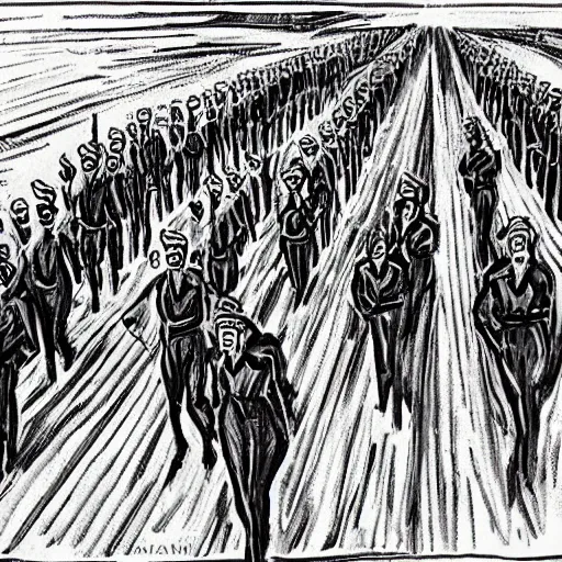 Prompt: marching rebeliantsthrough rebels valley inspired by edward munch