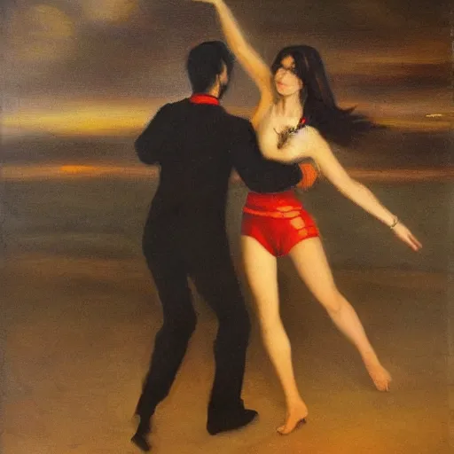 Image similar to A brunette Colombian woman and a Caucasian man dance intimately on a misty pier at midnight, sensual, romantic, oil painting