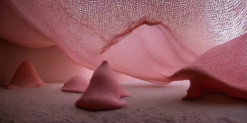 Prompt: soft biomorphic structures out of stocking - like material and nets that fills with various objects like spices, sand and shells by ernesto neto, dusty pink with light - mint color, film still from the movie directed by denis villeneuve with art direction by zdzisław beksinski, telephoto lens, shallow depth of field