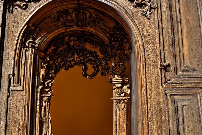 Image similar to a portal to new universe inside of an ornate door frame :: wide angle :: golden light :: rainbows :: vortex