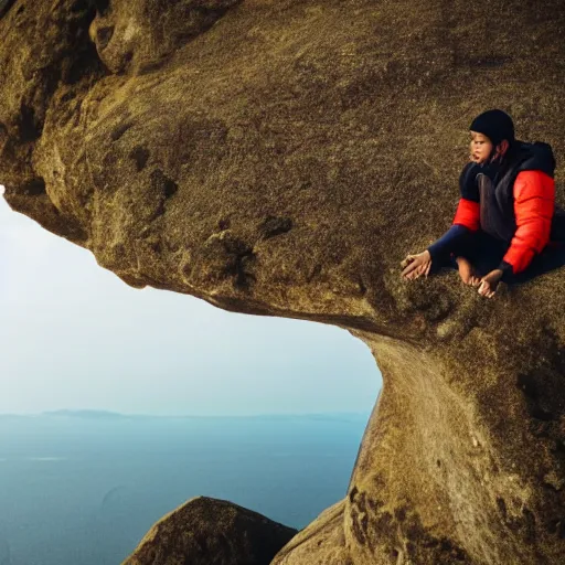 Image similar to man sitting on top peak mountain cliff looking at tsunami