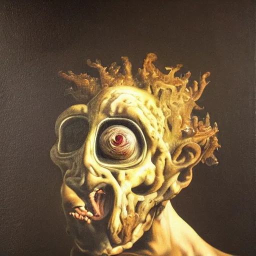 Image similar to oil painting with black background by christian rex van minnen rachel ruysch dali todd schorr of a chiaroscuro portrait of an extremely bizarre disturbing mutated man with acne intense chiaroscuro cast shadows obscuring features dramatic lighting perfect composition masterpiece