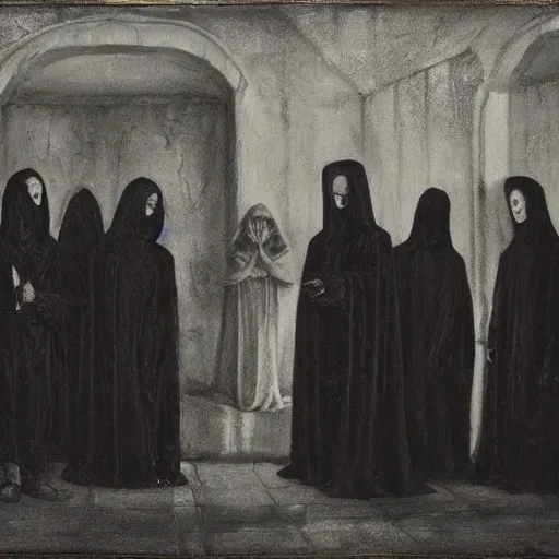 Image similar to a group of robed cultists standing around a metaphysical being, dark, gothic, monochrome, Hannah Barbara, maximalist