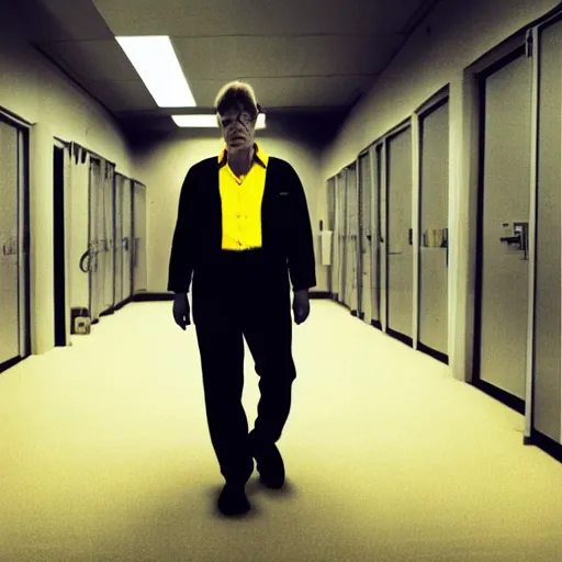 Image similar to a male scientist wearing a lab coat standing lost in the backrooms, mono - yellow old moist carpet infinite liminal space, very dark shadows, fluorescent lighting, horror movie scene, film grain