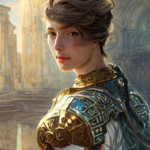 Image similar to portrait knights of Zodiac girl, silver and metalic blue color reflected armor, in ruined Agora of Athens, ssci-fi, fantasy, intricate, very very beautiful, elegant, golden light, highly detailed, digital painting, artstation, concept art, smooth, sharp focus, illustration, art by tian zi and WLOP and alphonse mucha