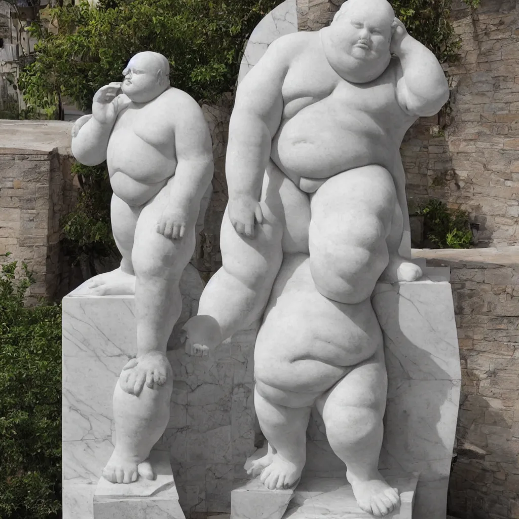 Prompt: marble statue of an overweight man with a VR headset, Michelangello