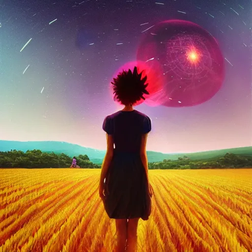 Image similar to giant pink daisy flower over head, girl walking in wheat field, hills, surreal photography, dark night, star trails, dramatic light, impressionist painting, clouds, digital painting, artstation, simon stalenhag