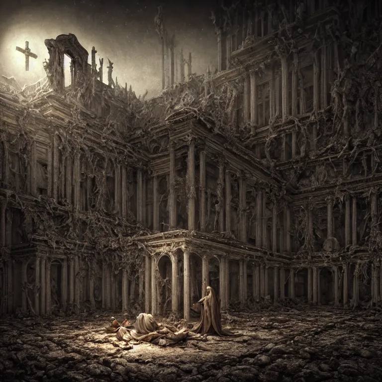 Image similar to ribbed abandoned Nativity of Jesus scene, baroque painting, standing in a desolate empty wasteland, creepy, nightmare, dream-like heavy atmosphere, surreal abandoned buildings, beautiful detailed intricate insanely detailed octane render trending on Artstation, 8K artistic photography, photorealistic, chiaroscuro, Raphael, Caravaggio, Beksinski, Giger