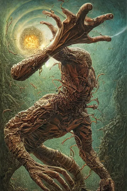 Image similar to a man whose arm is covered in painful alien bug eggs. art by tomasz alen kopera and glenn fabry.