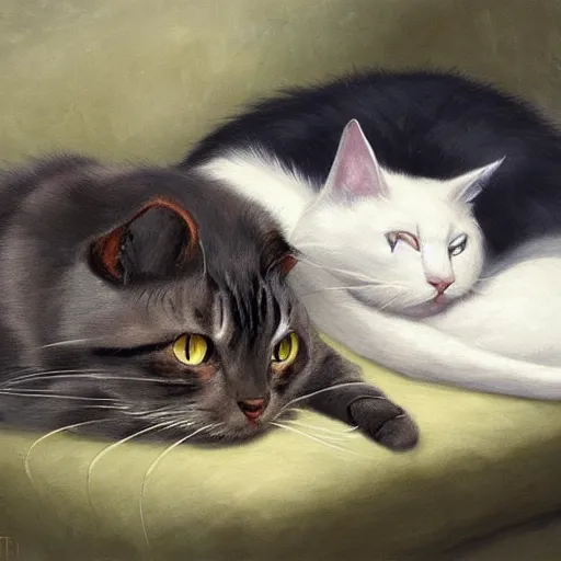 Image similar to a fat black and white male cat and a slim tortoiseshell female cat sleeping peacefully together in cat heaven, dreamy puffy clouds, painted by Tyler Edlin